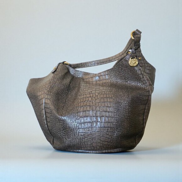 Brahmin Melbourne Anne Hobo Bag Croc Embossed Leather Shoulder Tote Gray Taupe - Picture 1 of 16